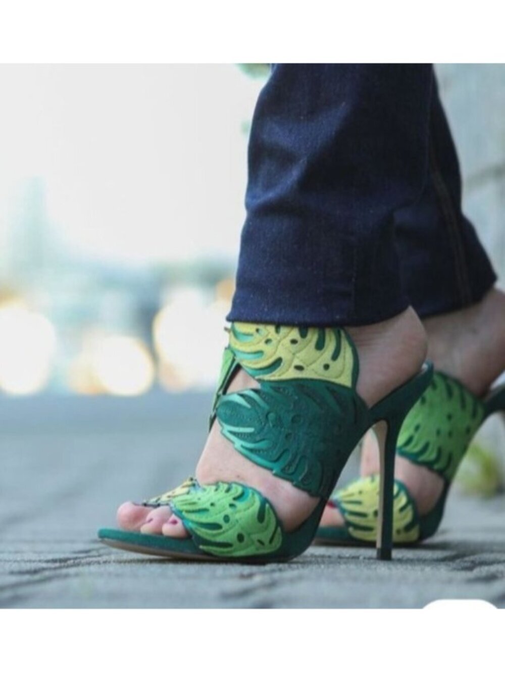 ZARA  SUEDE  MULES GREEN YELLOW LEAVES STILETTO HEEL Sz 37 US 6.5
